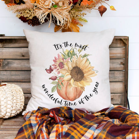 it's the most wonderful time of the year fall floral pumpkin linen pillow cover, modern farmhouse home decor, boho home decor, cottage core home decor