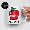 Personalized teacher ceramic mug with #1 teacher in a red apple and a teacher name underneath