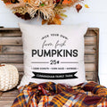 Personalized fall linen pillow cover with text that says pick your own farm fresh pumpkins and the family name.  Modern farmhouse style pillow cover home decor.