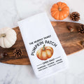 Personalized white kitchen tea towel printed with family pumpkin patch and a family last name.  Personalized Decorative Towel printed with the text family pumpkin patch.