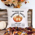 Personalized fall linen pillow cover with text that says the family family pumpkin patch with a pumpkin in the center.  Modern farmhouse style pillow cover home decor.