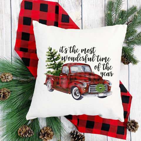 Most Wonderful Time of Year Red Truck Christmas Pillow Cover