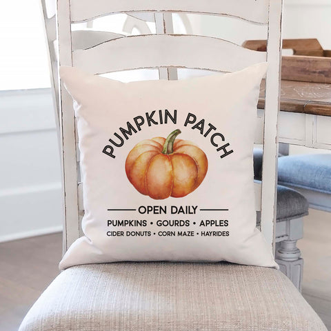 Personalized fall linen pillow cover with text that says the family family pumpkin patch with a pumpkin in the center.  Modern farmhouse style pillow cover home decor.