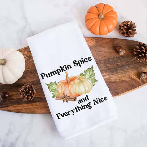 Pumpkin spice and everything nice fall kitchen tea towel, decorative hand towel, modern farmhouse style home decor, kitchen decor, bathroom decor