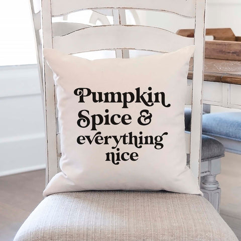 Fall linen pillow cover with text that says pumpkin spice and everything nice.  Modern farmhouse style pillow cover home decor.