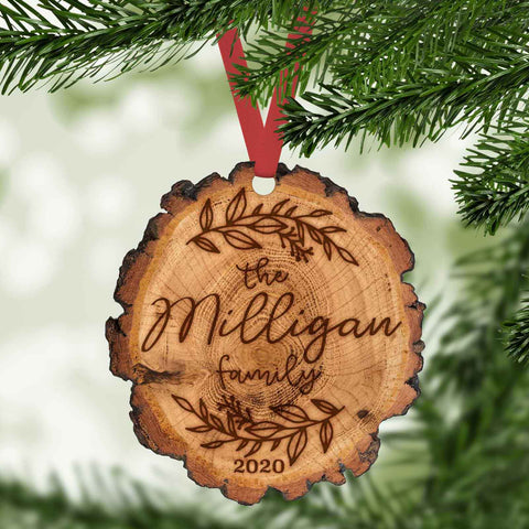 personalized faux burned wood slice christmas ornament