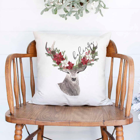 Believe Rustic Deer Reindeer Christmas Holiday White Canvas Pillow Cover, Farmhouse Christmas Decor