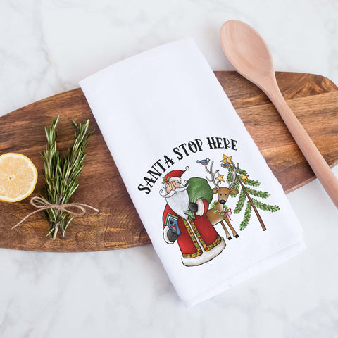 Santa Stop Here Folkart Decorative Christmas Holiday Kitchen Hand Towel, Farmhouse Christmas Decor