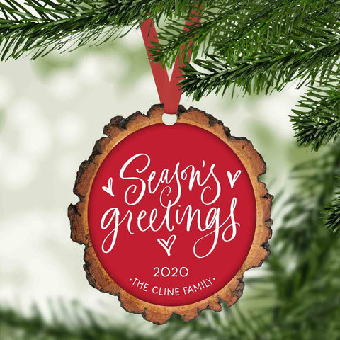 season's greetings faux wood slice personalized christmas ornament