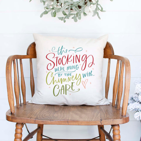 stockings were hung by the chimney with care white canvas or burlap christmas holiday pillow cover by Heart & Willow Prints heartandwillowprints