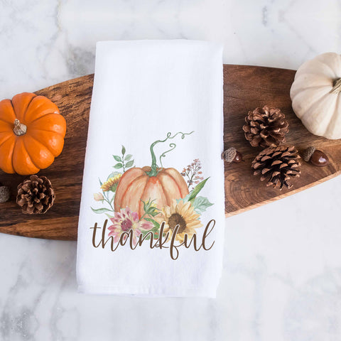 thankful fall floral pumpkin kitchen tea towel, decorative hand towel, modern farmhouse style home decor, kitchen decor, bathroom decor