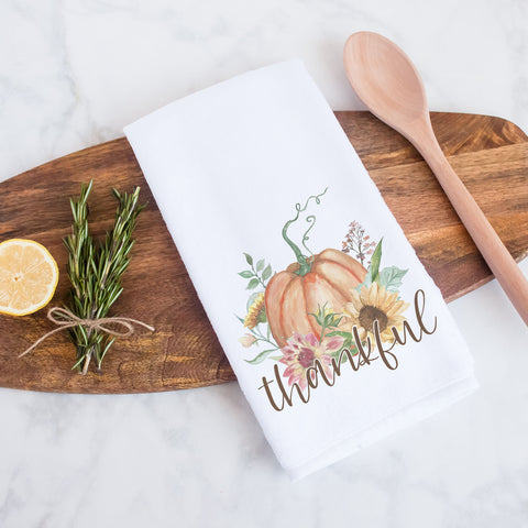 thankful fall floral pumpkin kitchen tea towel, decorative hand towel, modern farmhouse style home decor, kitchen decor, bathroom decor
