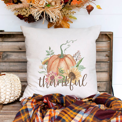 thankful fall floral pumpkin linen pillow cover, modern farmhouse home decor, boho home decor, cottage core home decor