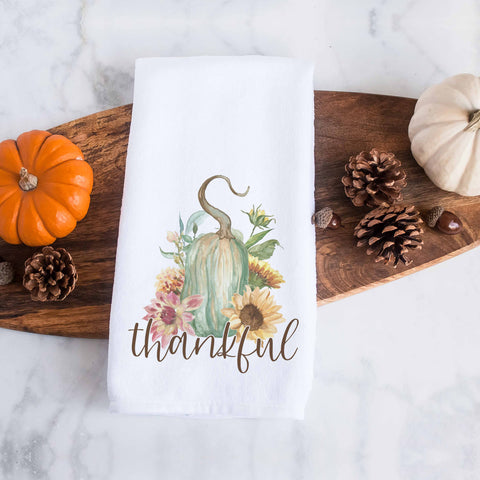thankful fall floral gourd kitchen tea towel, decorative hand towel, modern farmhouse style home decor, kitchen decor, bathroom decor