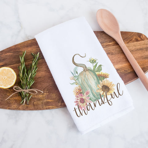 thankful fall floral gourd kitchen tea towel, decorative hand towel, modern farmhouse style home decor, kitchen decor, bathroom decor