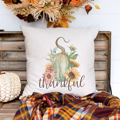 thankful fall floral gourd linen pillow cover, modern farmhouse home decor, boho home decor, cottage core home decor