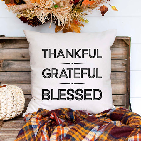 Fall linen pillow cover with text that says thankful grateful blessed.  Modern farmhouse style pillow cover home decor.
