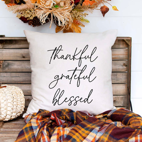 Fall linen pillow cover with text that says thankful grateful blessed.  Modern farmhouse style pillow cover home decor.