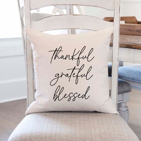 Fall linen pillow cover with text that says thankful grateful blessed.  Modern farmhouse style pillow cover home decor.