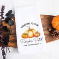 Personalized white kitchen tea towel printed with welcome to our pumpkin patch and a family last name.  Personalized Decorative Towel printed with the text wecome to our pumpkin patch.