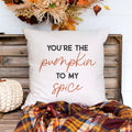Fall linen pillow cover with text that says you're the pumpkin to my spice.  Modern farmhouse style pillow cover home decor.